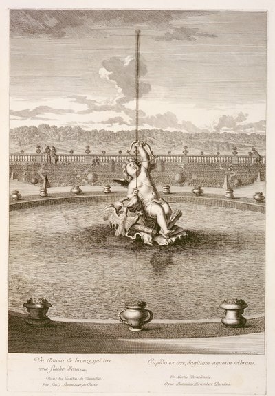 Fontän med amor som avfyrar en vattenstrålepil, designad av Louis Lerambert, i Versailles, 1677 av Jean Lepautre