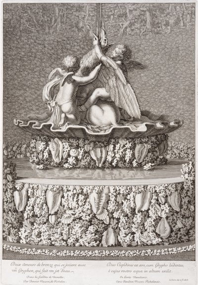 Fontän med två amoriner som leker med en gryphon, av Benoit Massou, i Versailles, 1676 av Jean Lepautre
