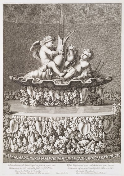 Fontän med två amoriner som rider på en kräfta, designad av Jacques Houseau, i Versailles, 1677 av Jean Lepautre