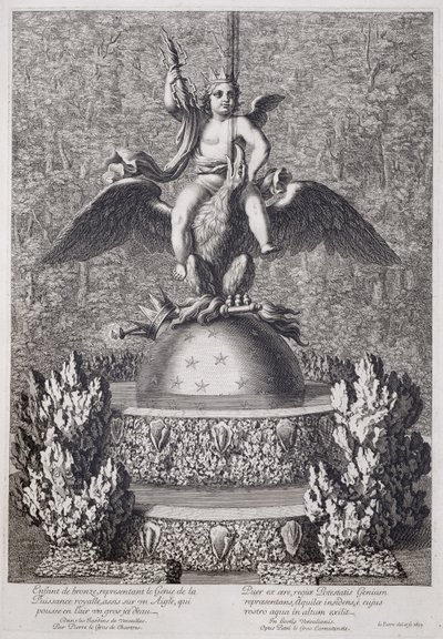 Fontäner med ett barn som representerar den kungliga maktens geni av Pierre le Gros, i Versailles, 1677 av Jean Lepautre