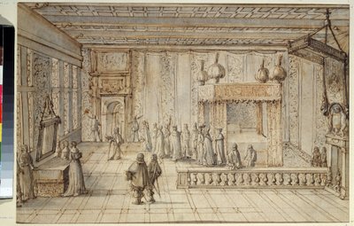 Kung Ludvig XIV:s (1638-1715) sovrum i Versailles. Kung Ludvig XIV:s kammare i Versailles. Teckning av Jean Le Pautre (1618-1682) av Jean Lepautre