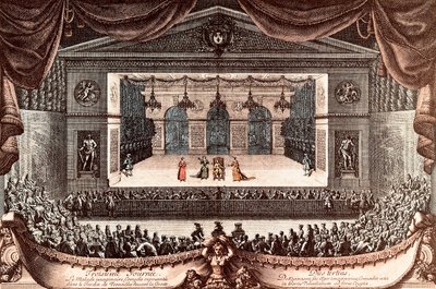 "Le malade imaginaire" (The Imaginary Invalid) av Jean Baptiste Poquelin dit Moliere i Versailles (färgad gravyr) av Jean Lepautre