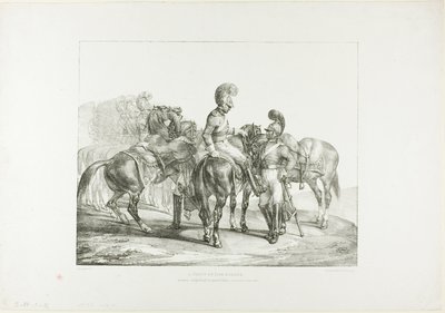 En grupp livgardister, plansch 5 från olika motiv tecknade efter livet på sten av Jean Louis André Théodore Géricault