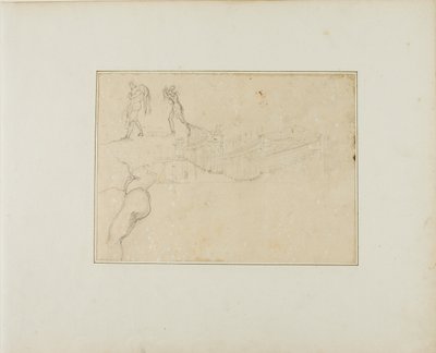 Tvärsnitt av en pelarsal och tre figurskisser av Jean Louis André Théodore Géricault