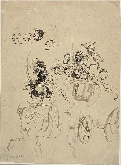 Napoleonsk armévagn med skisser av huvuden av Jean Louis André Théodore Géricault