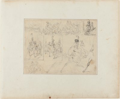 Blad med skisser: Kavalleristrider och beridna soldater av Jean Louis André Théodore Géricault
