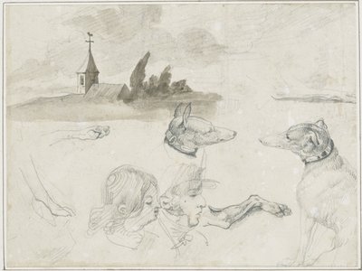 Blad med skisser: Vinthundar; ett manligt och ett kvinnligt huvud i av Jean Louis André Théodore Géricault