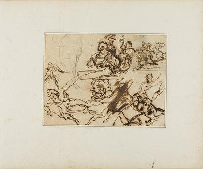 Blad med skisser: Lansiärer, kämpande nakenstudier, andra motiv av Jean Louis André Théodore Géricault
