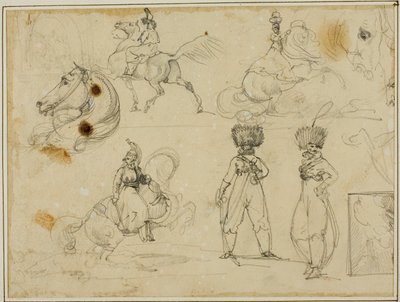 Blad med skisser: Soldater, hästar och ett landskap av Jean Louis André Théodore Géricault
