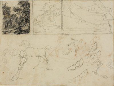 Blad med skisser: tre landskap, hästar och hovar av Jean Louis André Théodore Géricault