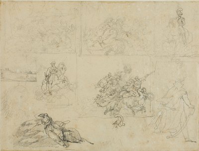 Skisser av ett kavallerislag, soldater och ett landskap av Jean Louis André Théodore Géricault