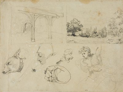 Skisser av ett skjul, ett landskap, hundar och olika figurer av Jean Louis André Théodore Géricault