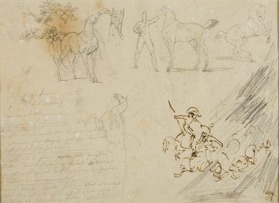 Skisser av hästar, hästskötare som håller häst, ett kavallerislag av Jean Louis André Théodore Géricault