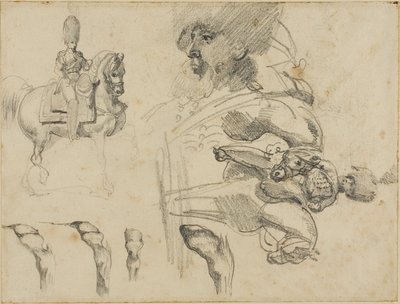 Skisser av hästar, soldater och hovar av Jean Louis André Théodore Géricault