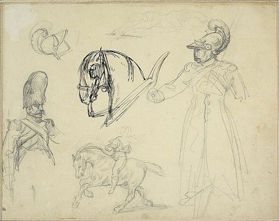 Skisser av hästar och soldater av Jean Louis André Théodore Géricault