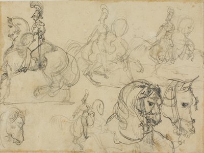 Skisser av beridna karabinjärer och hästhuvuden av Jean Louis André Théodore Géricault
