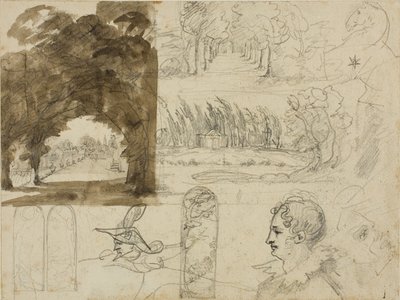 Skisser av parkvyer, huvuden, en häst av Jean Louis André Théodore Géricault