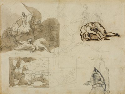 Skisser av ett kavallerislag, ett landskap med kor och andra kompositioner av Jean Louis André Théodore Géricault