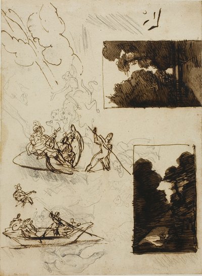 Skisser av en skogsstig och en musikalisk båtfest av Jean Louis André Théodore Géricault