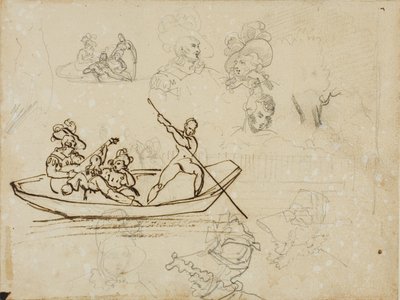 Skisser av ett musikaliskt båtsällskap och av en kvinna med hög hatt av Jean Louis André Théodore Géricault