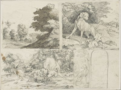 Skisser av ett skogsparti, hundar och fasaner i landskap av Jean Louis André Théodore Géricault