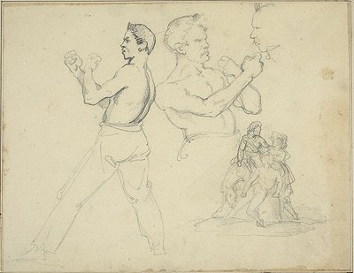 Studier av boxare och skiss av ryttare med två figurer av Jean Louis André Théodore Géricault