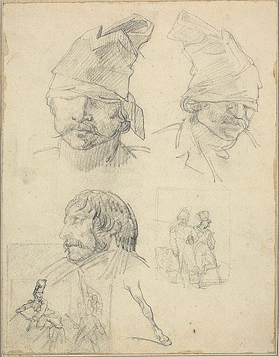Studier av huvuden och två kompositionsstudier av Jean Louis André Théodore Géricault