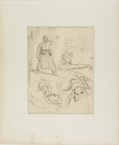 Studier av en smed och ett hästhuvud med skisser av andra figurer och en kanin av Jean Louis André Théodore Géricault