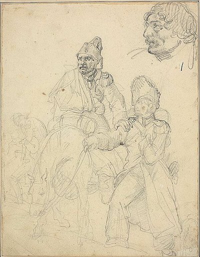 Studie av figurgrupp, med detalj av grenadjärens huvud av Jean Louis André Théodore Géricault