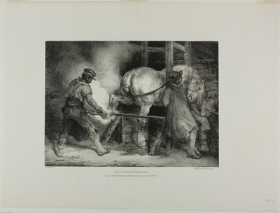 Den flamländske hovslagaren, plansch 4 ur Olika motiv tecknade ur livet och på sten (Den engelska sviten) av Jean Louis André Théodore Géricault