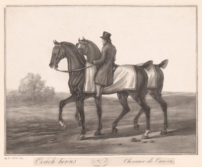 Ryttare följer med två hästar Chevaux de Carosse (titel på objekt) av Jean Louis Darcis (attributed to)