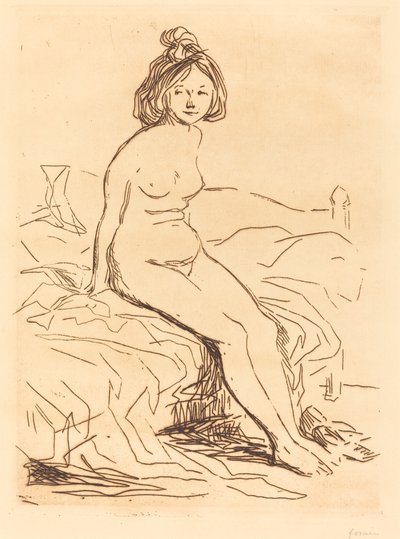Naken kvinna, sittande på sin säng, framifrån av Jean Louis Forain