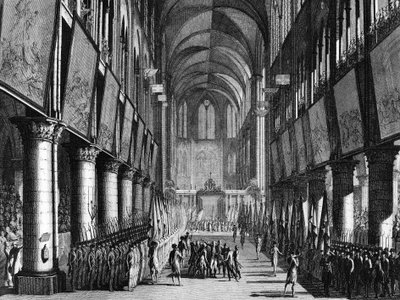 Franska revolutionen: Benediktion av nationalgardets flaggor av Monsignor Juigne i Notre Dame-kyrkan den 27 september av Jean Louis II (after) Prieur