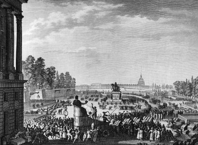 Franska revolutionen: Första frihetsfirandet med anledning av schweizarna av Chateauvieux (Chateaux Vieux eller Chateaux-Vieux) den 15 april av Jean Louis II (after) Prieur