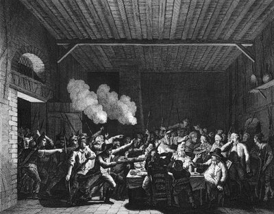 Franska revolutionen: Patrioterna från Varennes går in i Grocer Sauce och erkänner kung Ludvig XVI (1754-1793) på flyg av Jean Louis II (after) Prieur