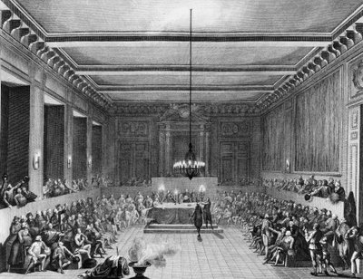 Franska revolutionen: Paris kommun utdömde en engelsk medborgare Christopher John Williams Nesham (1771-1853) den 15 januari 1790. Gravyr av Berthaut d