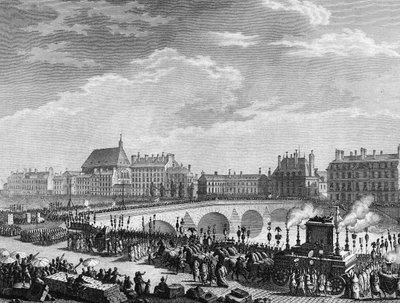 Franska revolutionen: Triumf för Francois Marie Arouet dit Voltaire (1694-1778) den 11 juli 1791 (funebre tanken av kvarlevorna av Voltaire har sin passage på den kungliga bron). Gravyr av Berthaut efter Prior. Paris, Bibliotek vid Institute of History of av Jean Louis II (after) Prieur