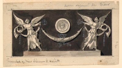 Dekorativ panel: Berömmelser som stöder en swag under en medaljong av Jean Louis Prieur the Younger
