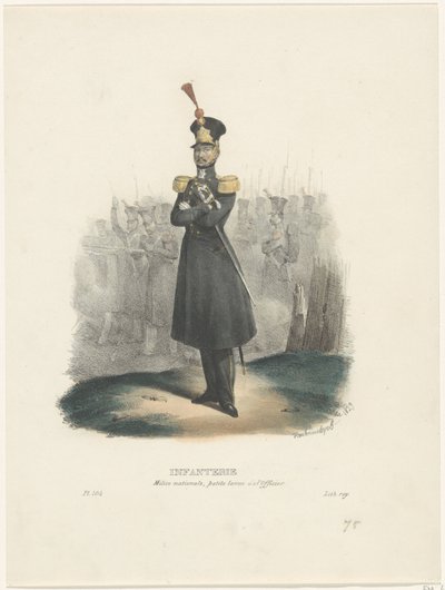 Officer för den nationella militären, 1829 Infanteri/nationell milis, officers avklädning (titel på föremål) Belgiska dräkter: antika och moderna, militära, civila och religiösa, 1830 (serietitel) av Jean Louis Van Hemelryck