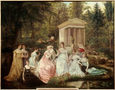Malmaisons ros: Kejsarinnan Josephine de Beauharnais och kejsar Napoleon Bonaparte och hans hedersdamer Målning av Victor Vigger du Vigneau (1819-1879) Sön. 0,71x0,92 m Malmaison, slottsmuseum av Jean Louis Victor Viger du Vigneau