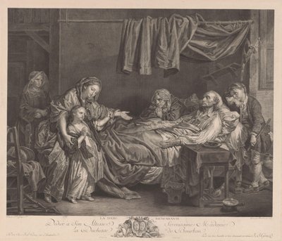 Familj runt en sjuksäng La Dame Bienfaisante (titel på objekt) av Jean Massard