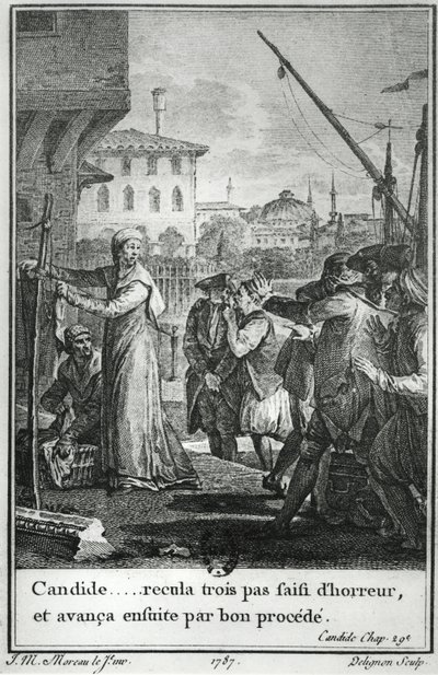 Candide... tog tre steg tillbaka gripen av fasa, och sedan avancerat med god process, illustration från kapitel 29 av Candide av Francois Voltaire (1694-1778) graverad av Jean Louis Delignon (1755-1804) 1787 av Jean Michel the Younger Moreau