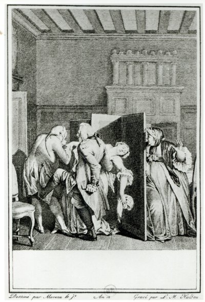 Baronen... hälsade Candide med några anmärkningsvärda sparkar på ridbyxan och körde ut honom från dörren, illustration från kapitel 1 av Candide av Francois Voltaire (1694-1778) graverad av Louis Michel Halbou ( av Jean Michel the Younger Moreau