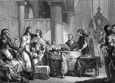 Abdikation av Carloman (ca. 715-754), borgmästare i palatset i Austrasien, till förmån för sin bror, Pepin III dit Pepin le Brief (714-768), 747. Gravyr av Jean Michel Moreau, dit Moreau le Jeune ( 1741-1814) av Jean Michel the Younger Moreau