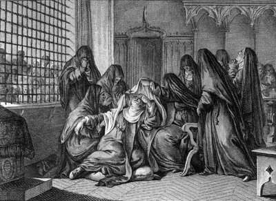 Abelard och Heloise: Heloise (1101-1164) tar slöjan vid klostret för kvinnorna i Argenteuil. Gravyr av Jean Michel Moreau, dit Moreau le Jeune (1741-1814) av Jean Michel the Younger Moreau