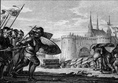 Vikingarmén attackerar Saint Germain des Pres (Saint-Germain-des-Pres) och hans kloster. 900-talet (Karl II den skalliges regeringstid). Gravyr av Jean Michel Moreau, känd som Moreau den yngre (1741-1814) av Jean Michel the Younger Moreau