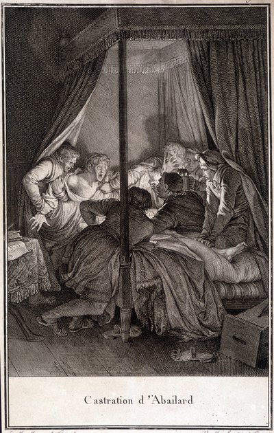 Kastrering av Pierre Abélard eller Pierre Abailard Fransk filosof och teolog (1079 till 1142). gravyr av Moreau. av Jean Michel the Younger Moreau