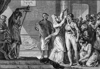 Ceremoni för mjukgöring under capetianerna: kvinnor sätter ett bälte och gyllene sporrar på en ung man som gjorts till riddare, medan godsherrarna täcker honom med hans rustning. 10-11-talet. Gravyr av Jean Michel Moreau, dit Moreau le Jeune (1741-1814) av Jean Michel the Younger Moreau