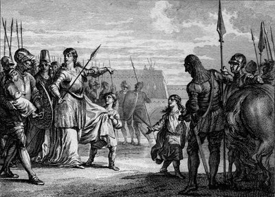 Charles Martel skickas till fängelse, 714: Plectrude (ca 650-717), änka efter Pepin de Herstal, skickade den unge Charles Martel (688-741) till fängelse för att avlägsna honom från makten. Gravyr av Jean Michel Moreau, dit Moreau le Jeune (1741-1814) av Jean Michel the Younger Moreau