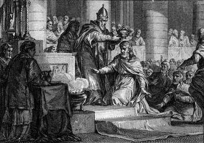 Karl den Stores kröning, 25 december 800: Frankernas kung (747-814) invigs till kejsare av västerlandet av påven Leon III (750-816) i Peterskyrkan i Rom. Gravyr av Jean Michel Moreau, dit Moreau le Jeune (1741-1814) av Jean Michel the Younger Moreau